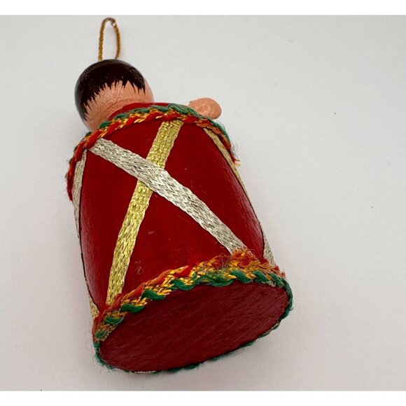 Vintage Wooden Drummer Boy Christmas Tree Ornament Red Drum & Gold Horn - Picture 4 of 8